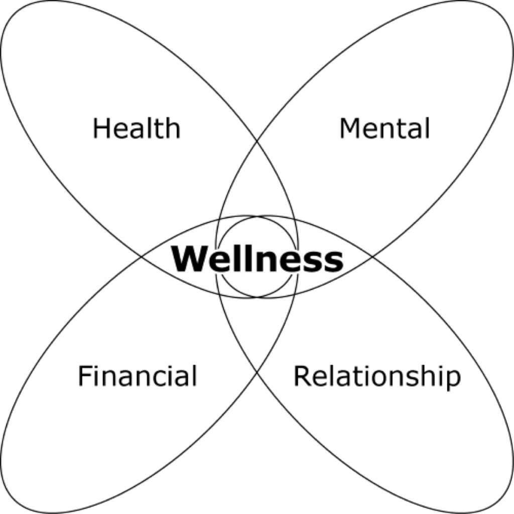 Diagram with ovals for Health, Mental, financial and relationship crossing to center on Wellness.