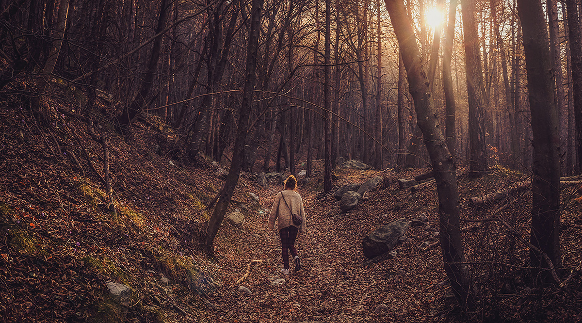 PIcture of woman in sweater and leggings walking over fallen leaves in a forest.