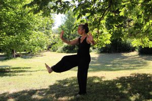 Image of woman in black shirt and pants practicing T'ai Chi under a tree.