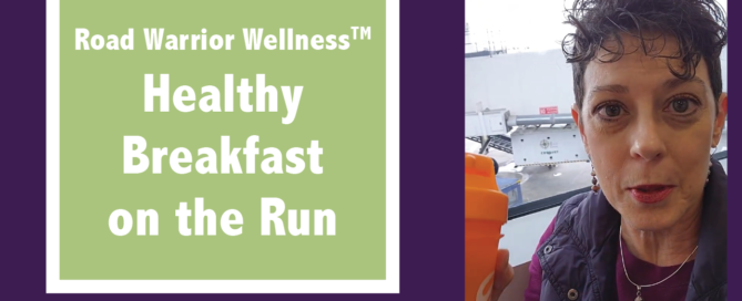 Graphic showing Dr. Mary Warren holding an orange shaker bottle on the right side and the text, "Road Warrior Wellness, Health Breakfast on the Run" on the right above the URL road-warrior-wellness.com