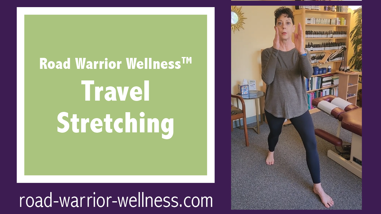 Graphic showing Dr. Mary Warren demonstrating a high lunge stretch with the text, "Road Warrior Wellness™ Travel Stretching" in a green box on the left and the URL road-warrior-wellness.com beneath the box.